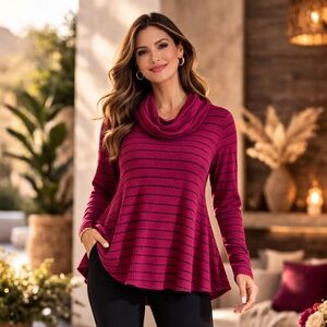 Dana Buchman Red and Black Striped Waffle knit 3X Cowl Neck